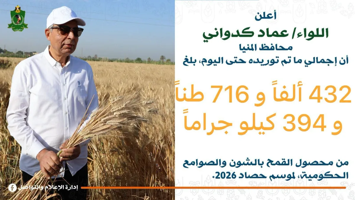 محافظ المنيا: حصاد التوريد يتجاوز 432 ألف طن قمح منذ بداية موسم 2026