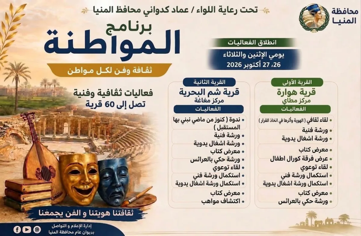 غدًا.. المنيا على موعد مع انطلاق برنامج «المواطنة.. ثقافة وفن لكل مواطن» بقريتي هوارة وشم البحرية